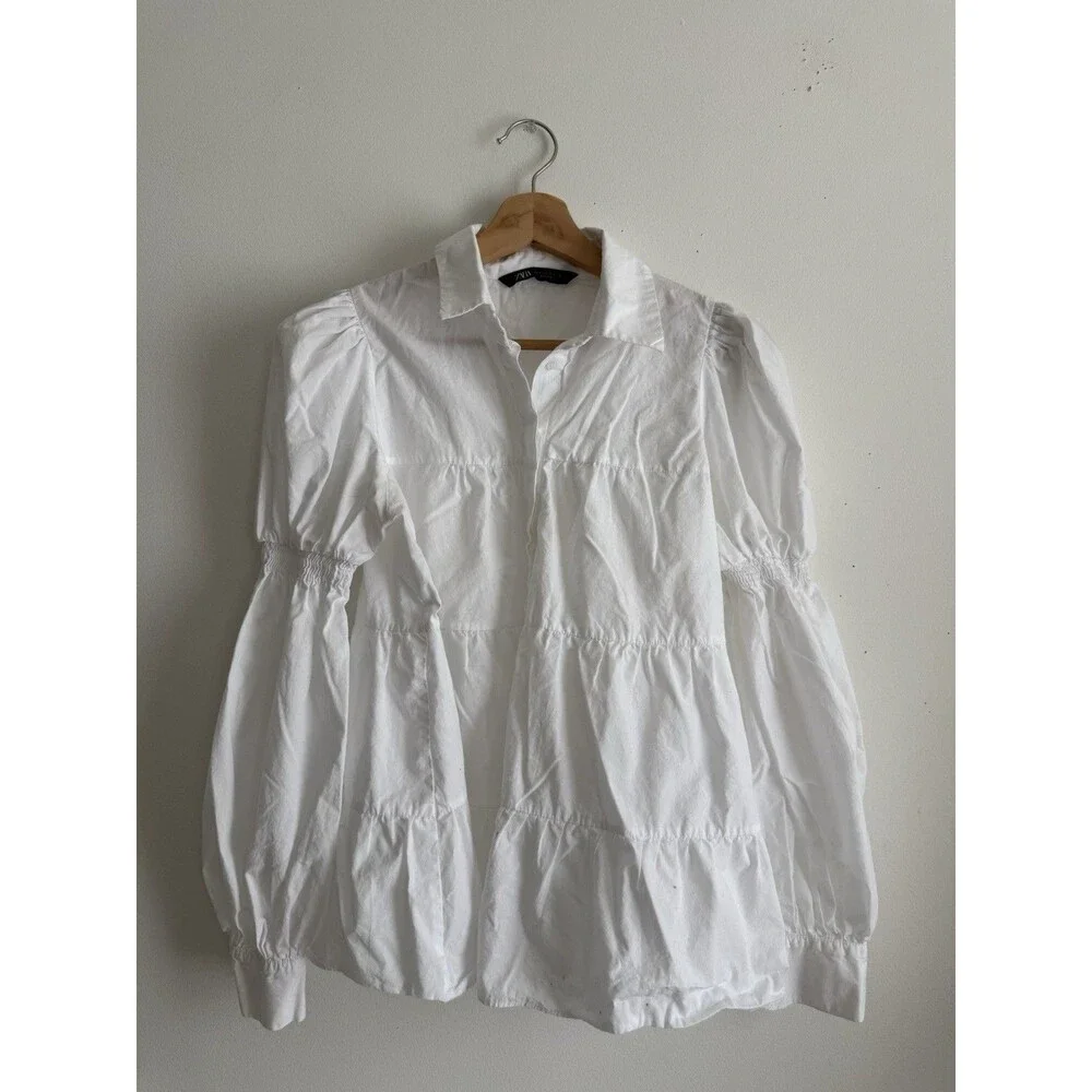 ZARA Women’s White Puff Sleeve Button Down Shirt Blouse Size S